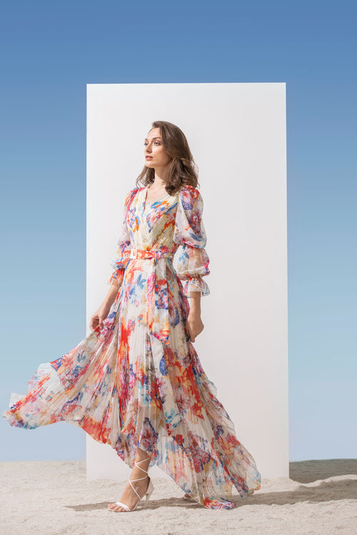 Chiffon Printed Dress With Lurex Georgette Yoke