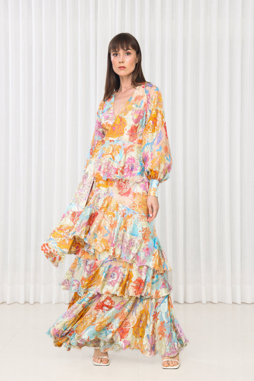 Hibiscus Printed Brasso Layered Dress