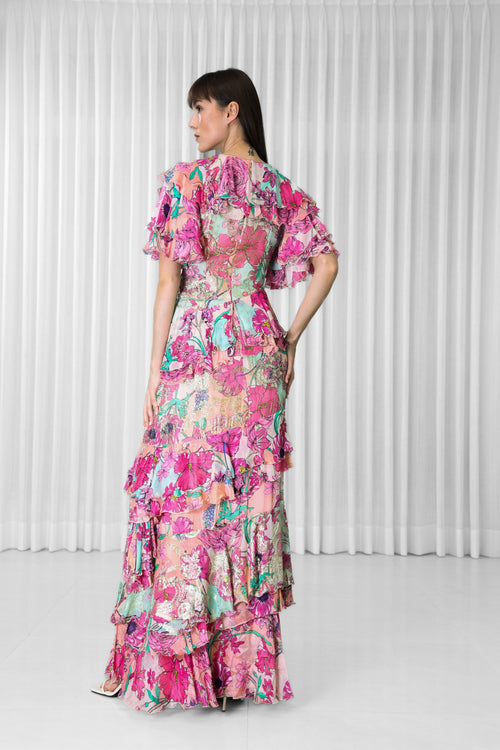 Hibiscus Printed Brasso and Chiffon Ruffled Dress