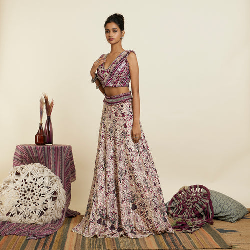 MERLOT PRINT EMBELLISHED BUSTIER WITH HIGHLIGHTED LEHENGA