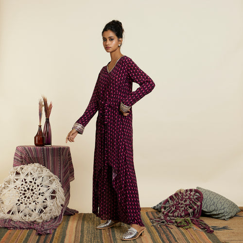 WINE PRINTED FRONT TIE UP TUNIC SET