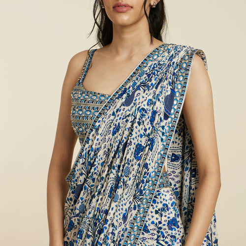 BLUE SAFAR JAAL PRINT SAREE PAIRED WITH EMBELLISHED BUSTIER