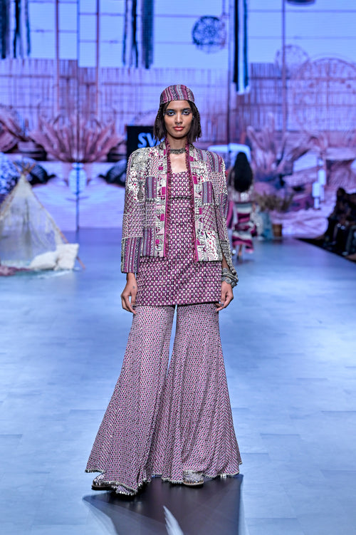 WINE GEO PRINT CAMISOLE PAIRED WITH SHARARA PANTS AND NOOR JACKET