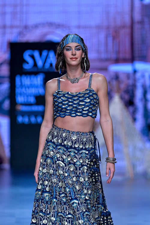 BLUE SCALLOP BUSTIER WITH EMBELLISHED LEHENGA AND DUPATTA