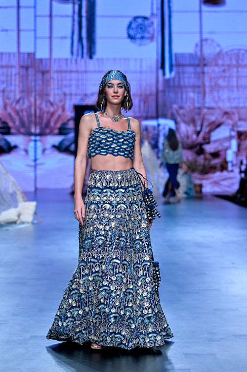 BLUE SCALLOP APPLIQUE BUSTIER PAIRED WITH ART DECO LEHENGA AND DUPATTA