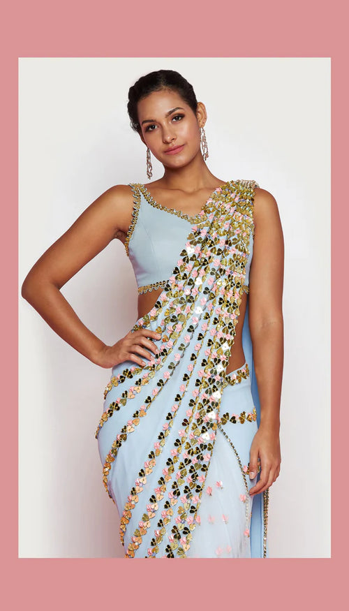CONFETTI'S FROM THE SKY - POWDER BLUE EMBELLISHED PRE-STICHED SAREE SET
