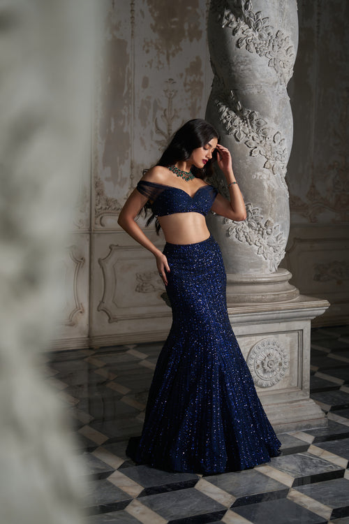 Navy Sequin Skirt Set by Seema Gujral - Lotus Bloom Canada