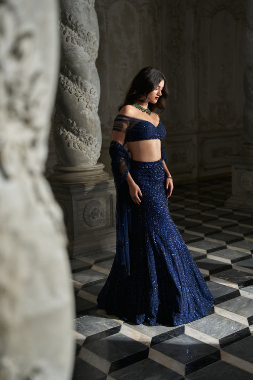 Navy Sequin Skirt Set by Seema Gujral - Lotus Bloom Canada
