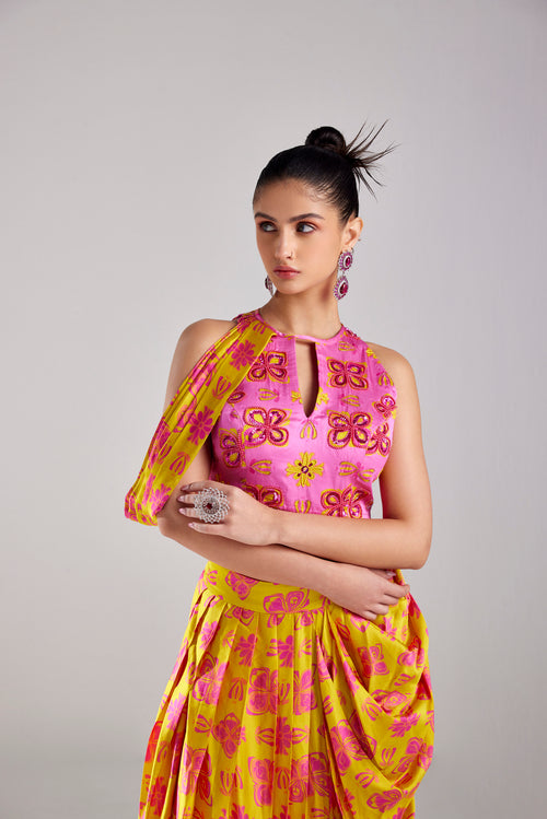 FUSCHIA PINK HIGH NECK CROP TOP AND YELLOW COWL WITH YELLOW  DHOTI SKIRT