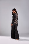 BLACK WITH GUN-METAL SPIRAL EMBROIDERED JACKET WITH EMBROIDERED PANTS