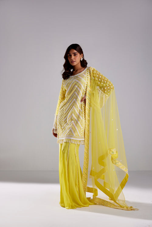 CANARY YELLOW WITH WHITE MIX FLARED PANTS AND DUPATTA