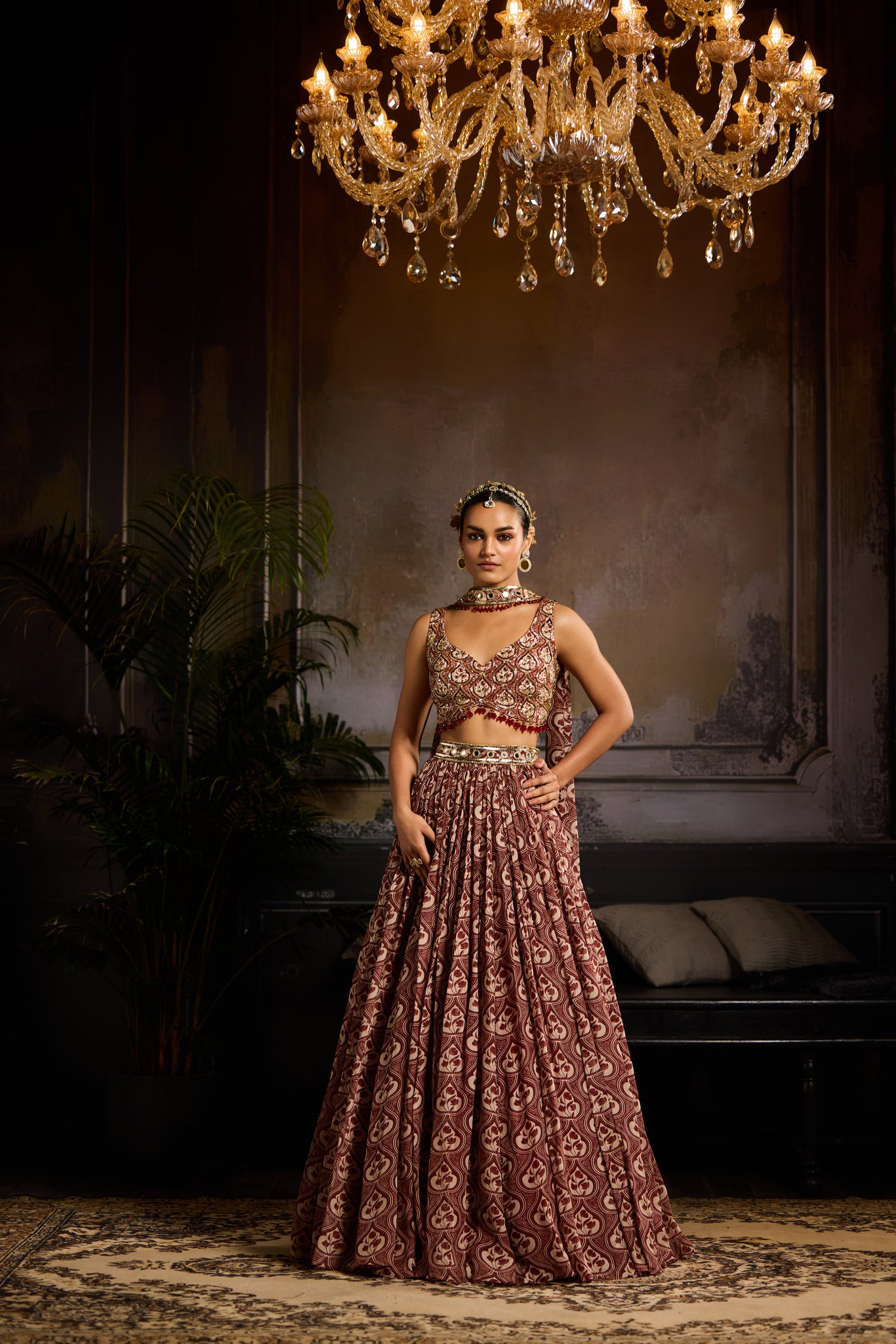 Sage-Maroon Print And Highlighted Corset Blouse Lehenga Set main image 0