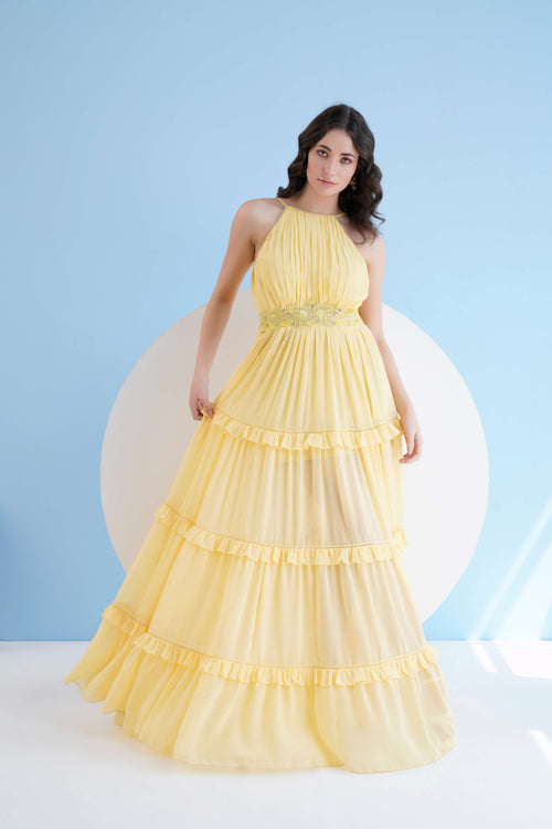 YELLOW HALTER NECK LONG DRESS WITH  FRILL DETAIL
