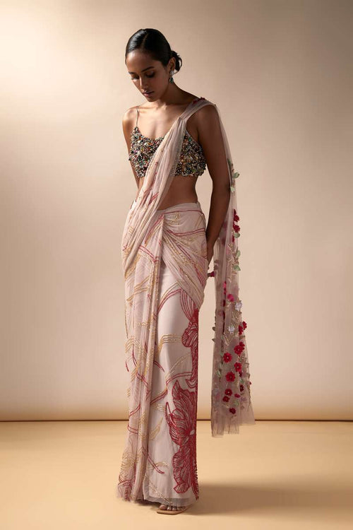 Pink wave sari with multi colored beaded blouse