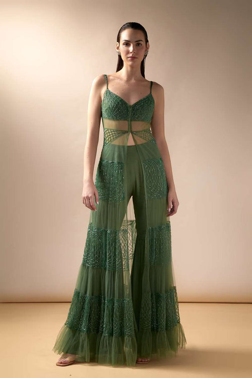 Tiered tulle jacket and sharara set (Moss)