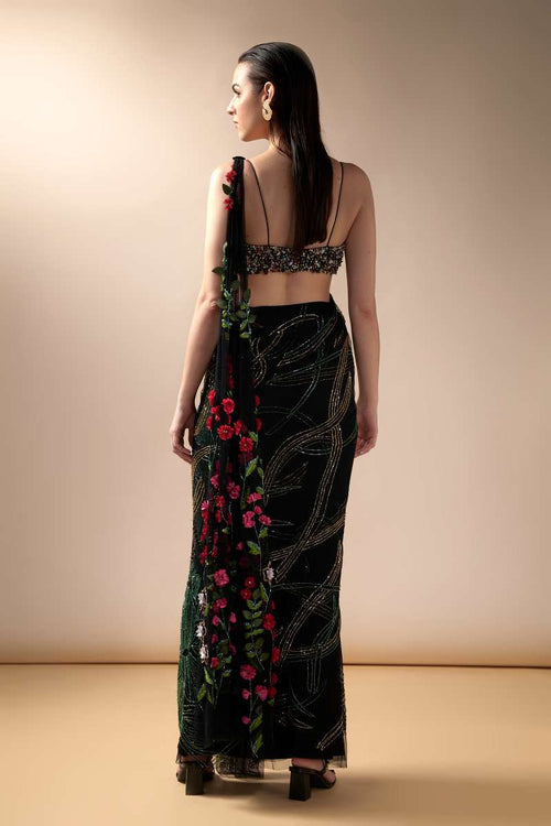 Black wave sari with multicolored beaded blouse