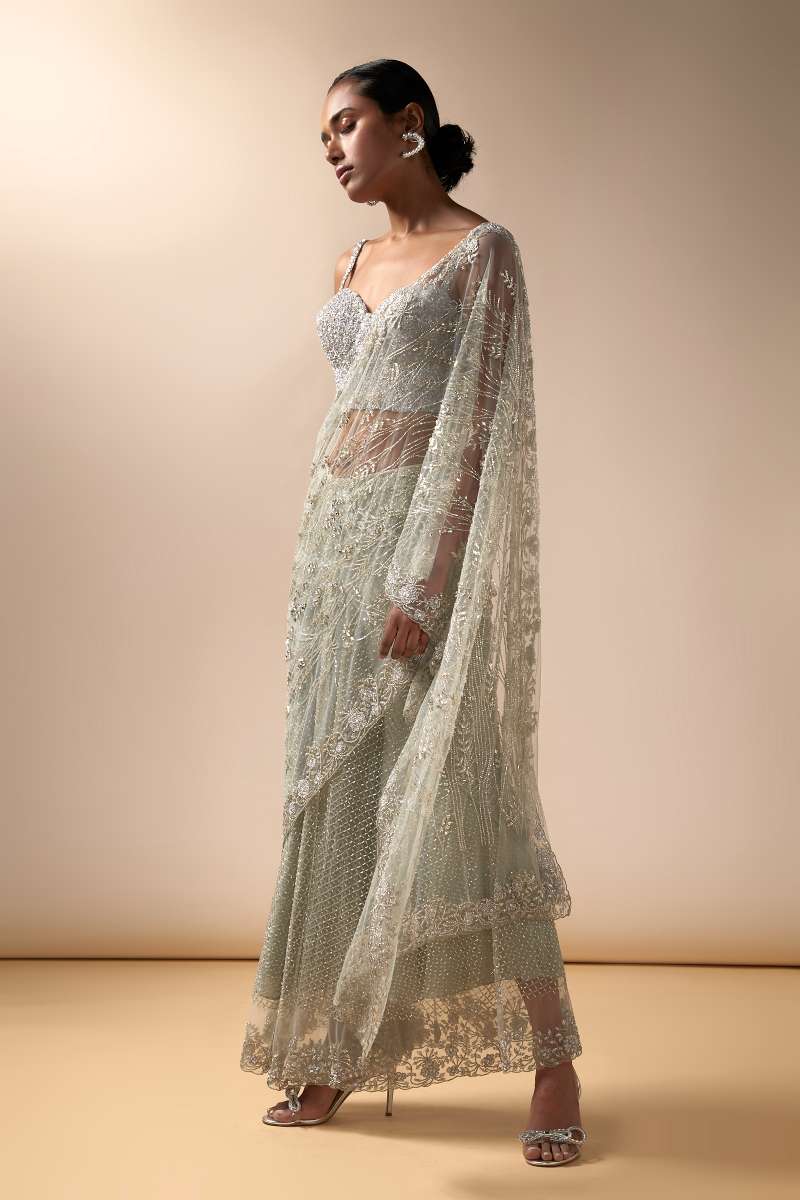 Grid work sharara sari with crystal aanchal and corset blouse (mint)