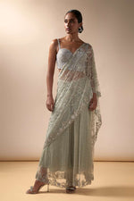 Grid work sharara sari with crystal aanchal and corset blouse (mint)