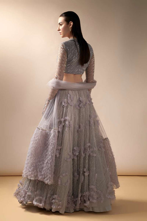 Lavender 3D floral spray lehenga with beaded collar blouse and smocked stole