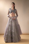Lavender 3D floral spray lehenga with beaded collar blouse and smocked stole