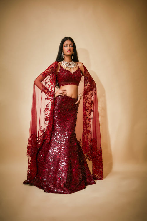 Sequin mermaid lehnga with floral dupatta and jaal blouse detail