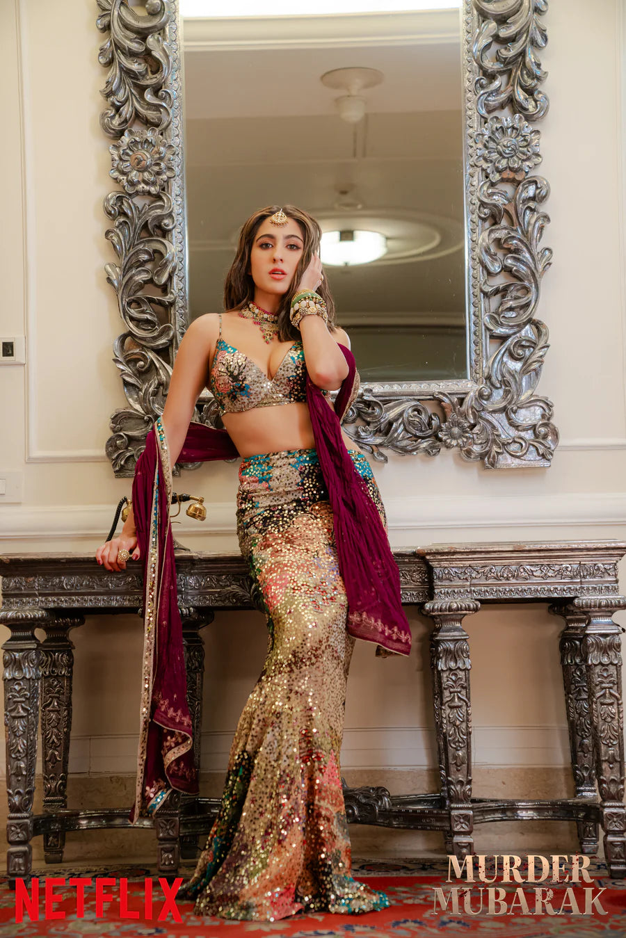 Sara Ali Khan in Curio Multicolour Sequin Tulle Lehenga Set