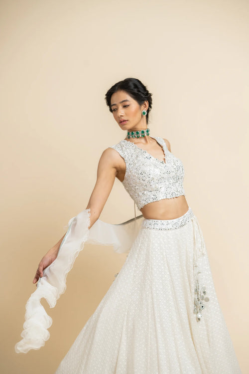 WHITE GEORGETTE LEHEHNA WITH TULLE CHOLI AND DUPATTA