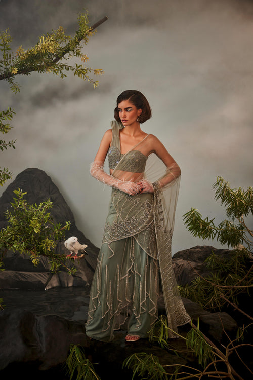 Layered sharara sari and corset with structured shoulder