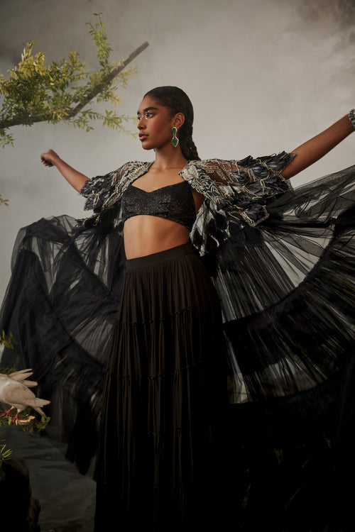 Feather embellished tiered jacket with draped sharara and beaded bralet
