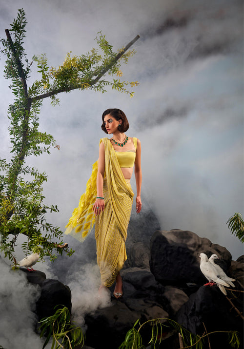 Sworowski drape sari with feather aanchal and sworowski embellished blouse