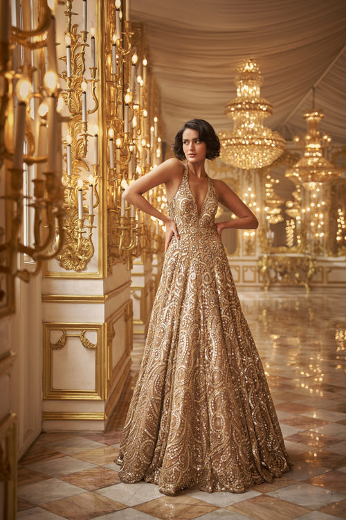 Gold Sequin Gown by Seema Gujral - Lotus Bloom Canada