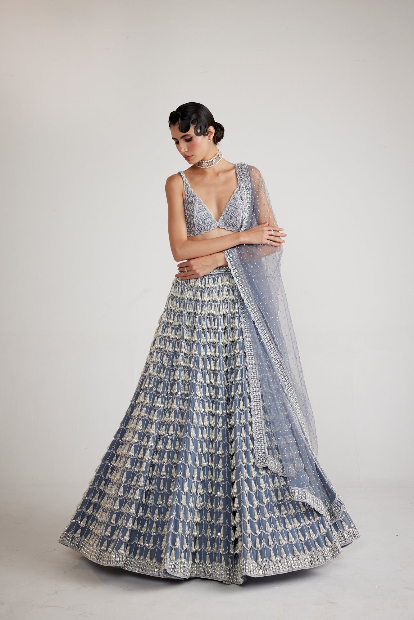 Fern Green Chandelier Pearl Drop Full Sleeve Lehenga Set main image 1