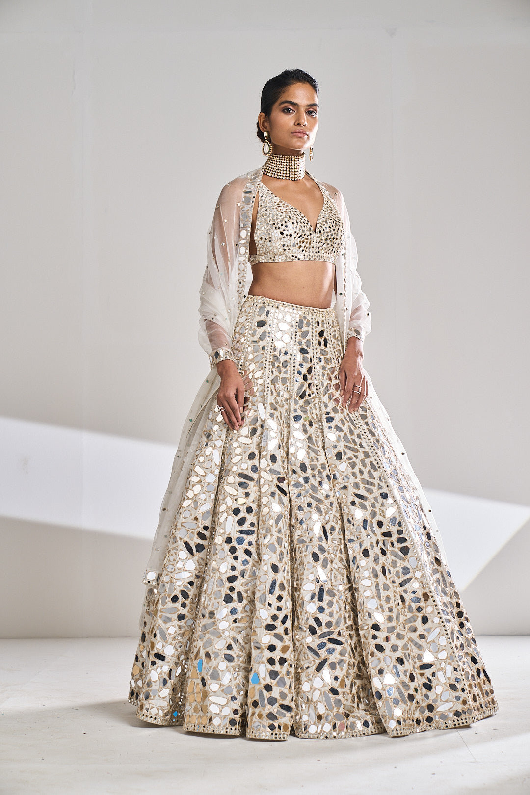 Cream Gold Mirror Work Lehenga Set by Seema Gujral - Lotus Bloom Canada ...