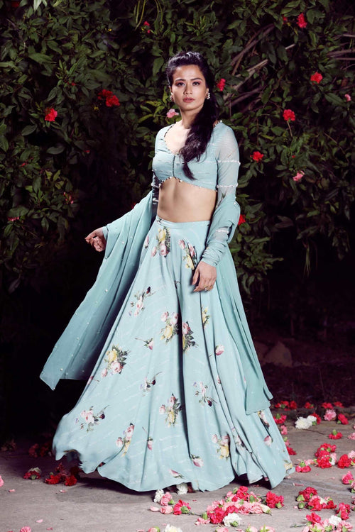 Aquamarine  moss crepe crop top lehenga set