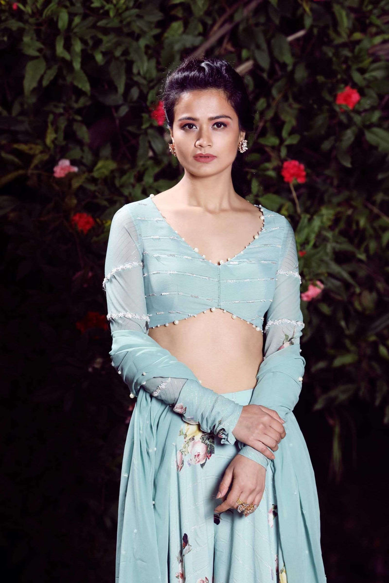 Aquamarine  moss crepe crop top lehenga set