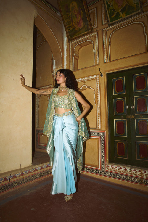 Powder Blue drape satin skirt set with cape