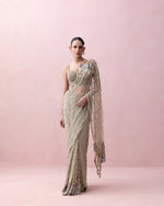 SEA GREEN PRE-STITCHED SARI WITH ROSE APLLIQUE AND CORSET BLOUSE