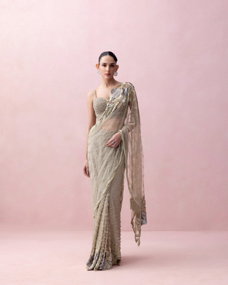 SEA GREEN PRE-STITCHED SARI WITH ROSE APLLIQUE AND CORSET BLOUSE