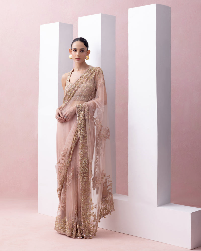 PEACH THREAD WORK PRE-STITCHED SARI WITH EMBROIDERED RAZOR BACK BLOUSE