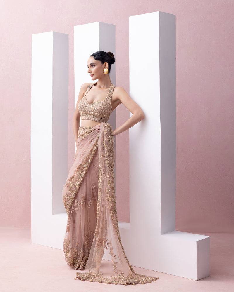 PEACH THREAD WORK PRE-STITCHED SARI WITH EMBROIDERED RAZOR BACK BLOUSE