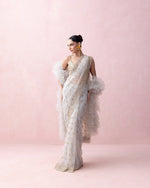 ICE BLUE SARI WITH ORGANZA APPLIQUE, EMBROIDERED BLOUSE AND RUFFLED STOLE