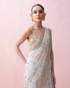 ICE BLUE SARI WITH ORGANZA APPLIQUE, EMBROIDERED BLOUSE AND RUFFLED STOLE