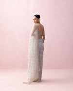 ICE BLUE SARI WITH ORGANZA APPLIQUE, EMBROIDERED BLOUSE AND RUFFLED STOLE