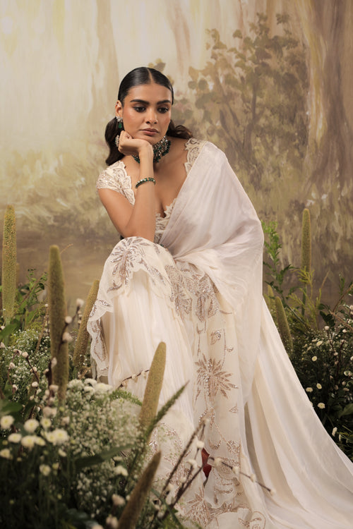Ivory Chiffon Ruffle Saree Set