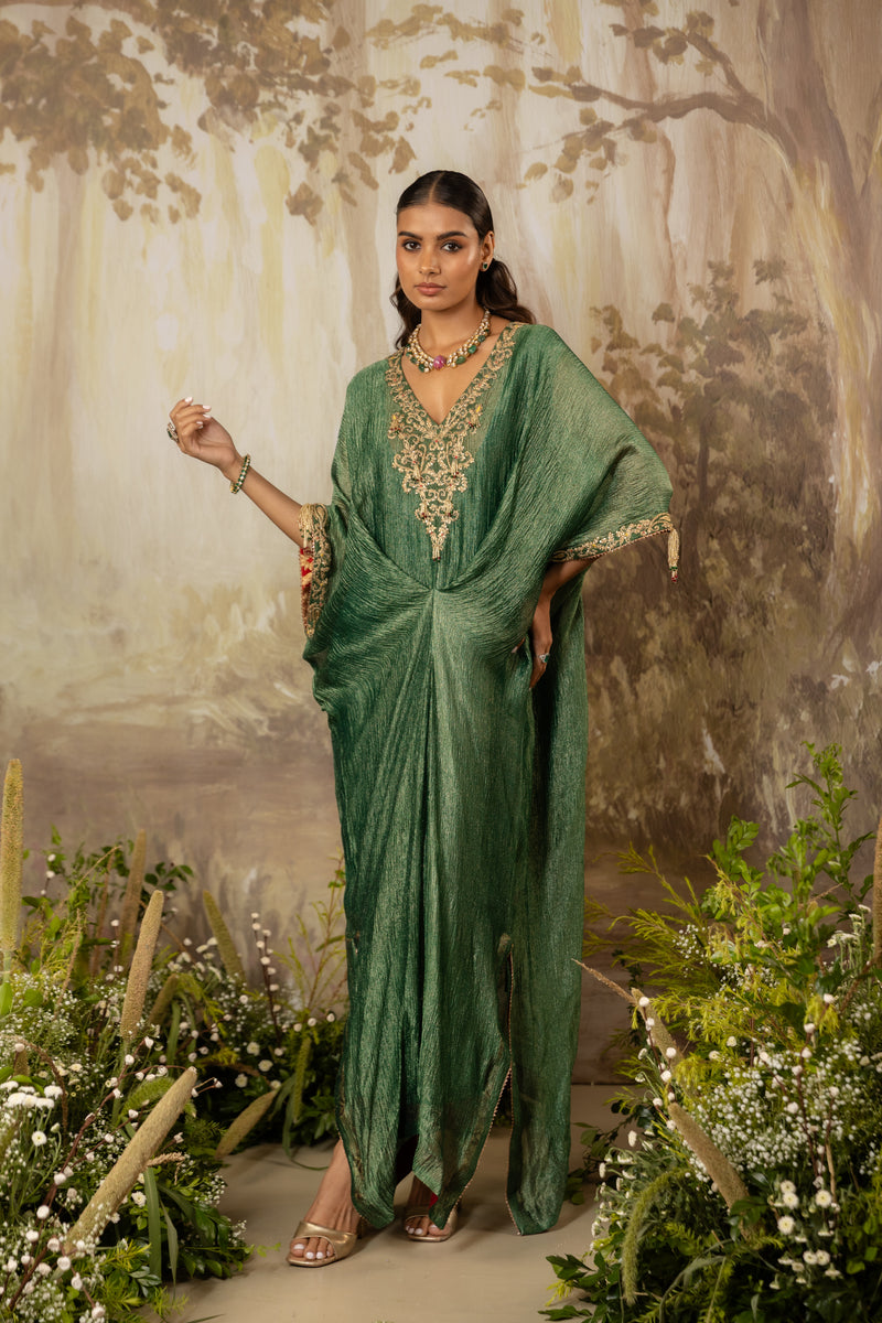 Kaftan Green Embroidered Kaftan For Festive Aashima Behl | Mrs. G S / Green / Women Kaftan Green Embroidered Kaftan For Festive Aashima Behl | Mrs. G S / Green / Women