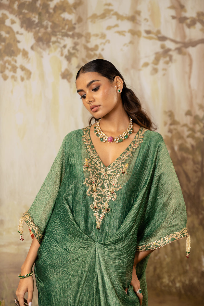green emerald velvet dress Emerald Green Floral Digital Print Kaftan Set in Woven Viscose, S