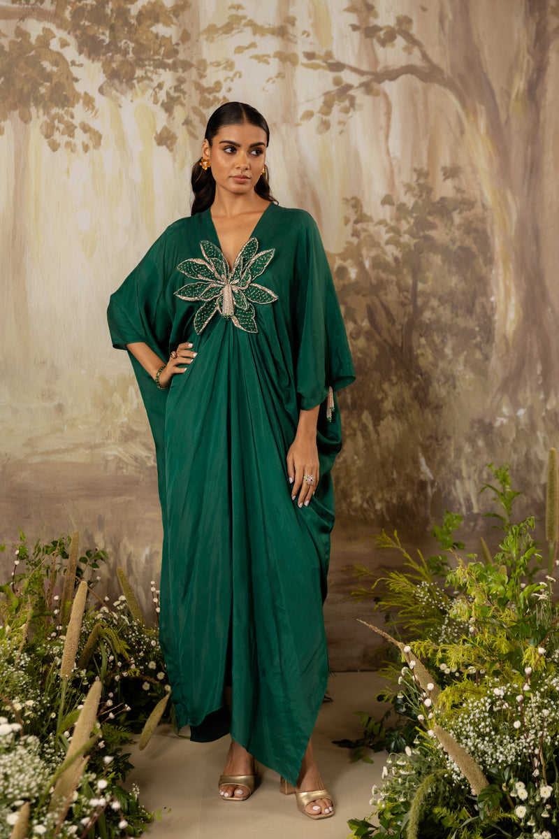 green emerald velvet dress Kaftan Dress - Resort & Formal Wear - 2-Piece White Geometric Embroidery Belted - Sheer Chiffon - US 8