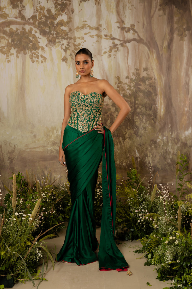 Emerald Green Heavy Corset Draped Saree Set Emerald Green Heavy Corset Draped Saree Set