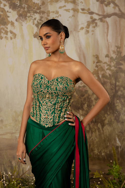 Emerald Green Heavy Corset Draped Saree Set