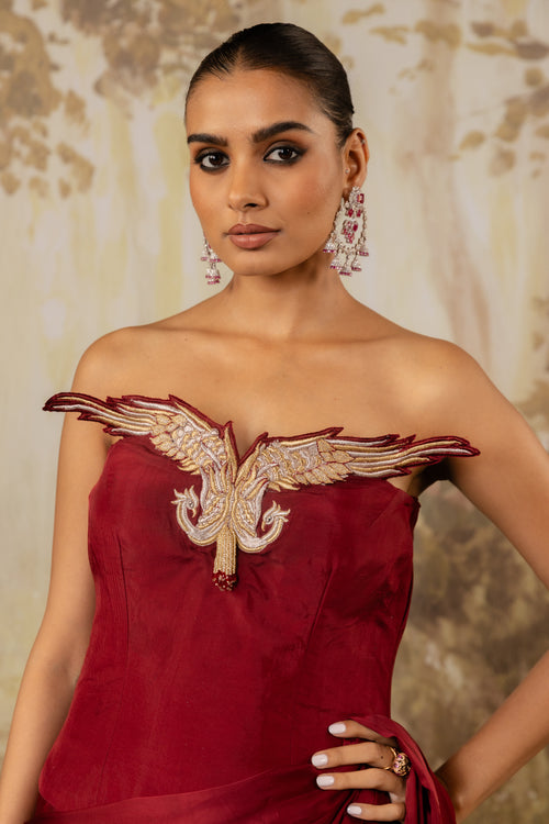 Deep Red Corset Draped Saree Set